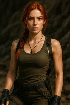 young woman with red hair and tank top, dirty, Lara Croft style