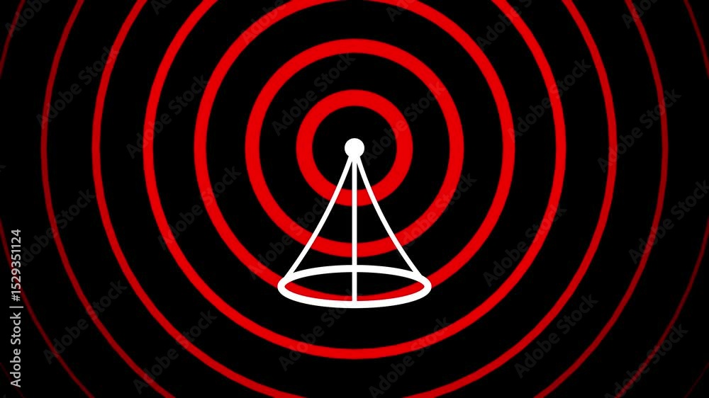 Poster abstract graphic animation of concentric circles and geometric cone in red and white. signal waves v