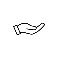 Simple line art icon of an open hand. Symbolizes giving, support, and generosity.