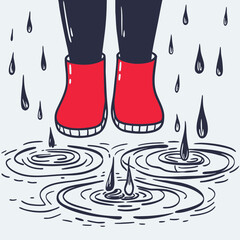 Red boots splashing in puddles with raindrops
