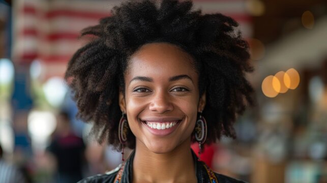 This captivating image portrays a smiling woman with beautiful afro hairstyle, showcasing her confidence and warmth against a busy backdrop of a community market atmosphere.