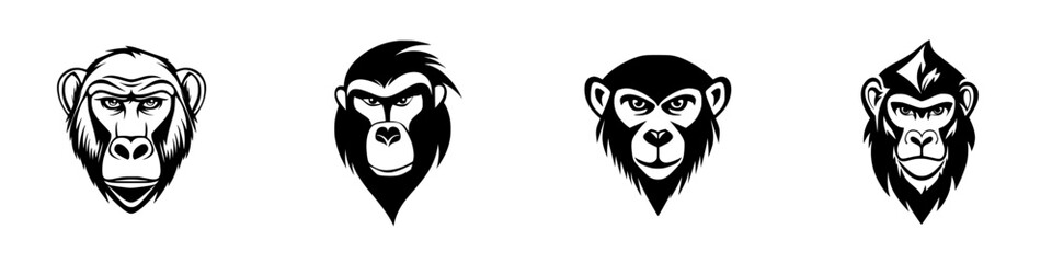 Fototapeta premium Black icon set featuring various monkey faces designed in a minimalistic style