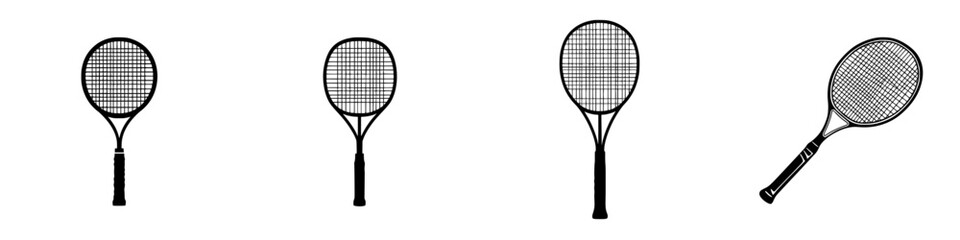 Illustration of black tennis racquets depicting various styles and angles for sports design or branding purposes