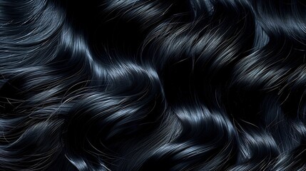 Close up of silky jet black wavy hair emphasizing shine flawless wave definition