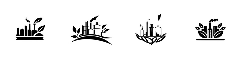 Fototapeta premium Set of four black industrial icons showcasing factories and environmental themes in a minimalist design