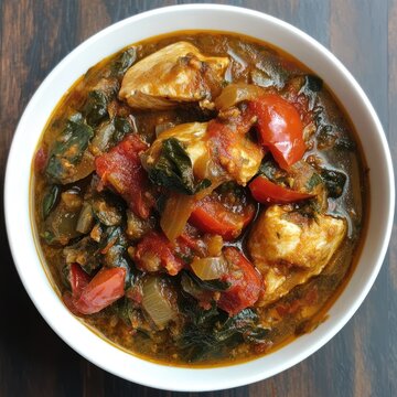 Chicken and spinach curry in a white bowl