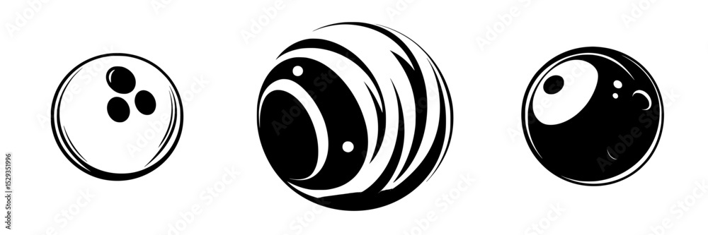 Poster set of three black icons representing different types of spherical objects in a minimalist design