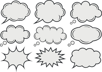 Comic book speech bubbles and burst elements in black and white vector set