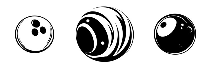 Fototapeta premium Set of three black icons representing different types of spherical objects in a minimalist design