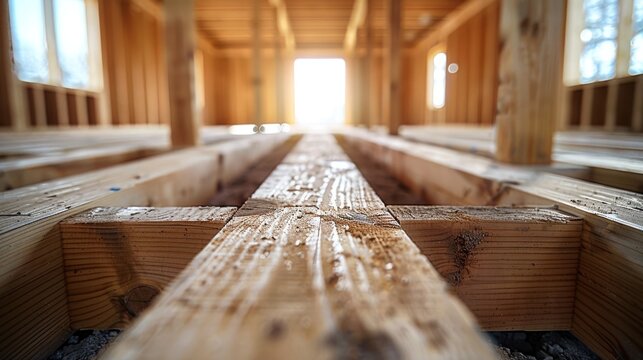 An inside view of a bright construction site showcasing wooden beams laid out for a flooring structure, representing hard work and the foundational stages of building.