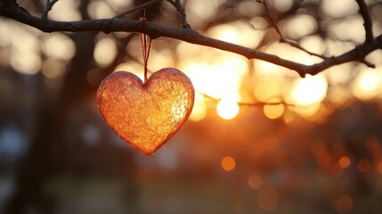 Heart decoration hanging from a branch at sunset, creating a warm, romantic atmosphere.