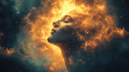 Human silhouette merging with cosmic cloud, vibrant colors on black background.