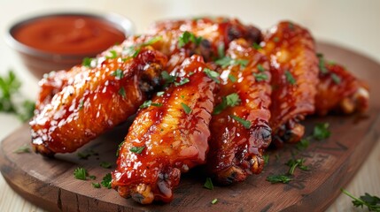 A mouth-watering display of barbecue chicken wings glazed in sticky sauce, garnished with fresh parsley, perfect for party food or casual dining occasions to enjoy.