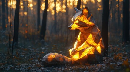 Fototapeta premium Illuminated geometric raccoon in a forest at dusk