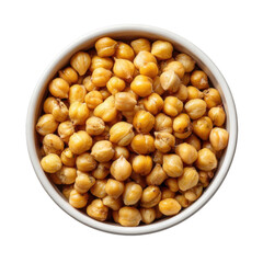 A top down view of a white bowl filled to the brim with cooked and seasoned chickpeas on a black background