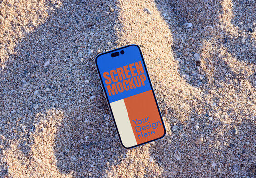 Mobile phone on Sandy Beach in Sun. PSD screen mockup