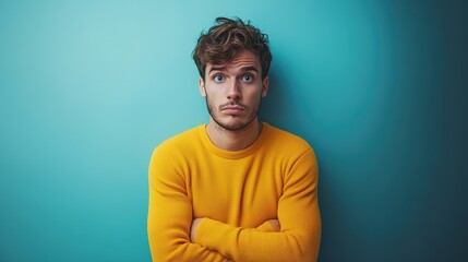 Man in yellow sweater expressing uncertainty against a blue background.
