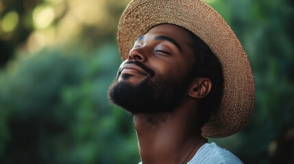 Man smiling peacefully in nature, wearing a straw hat.