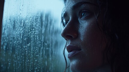 Cinematic close up of a wet woman with curly hair observing a storm raging outside a window at night, conveying a sense of drama and suspense