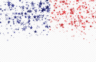 Red and Blue stars confetti background. Glittering confetti on a transparent background. independence day
