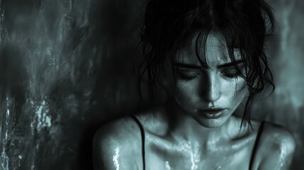 Melancholic portrait of a woman reflecting deep emotions in dim lighting.