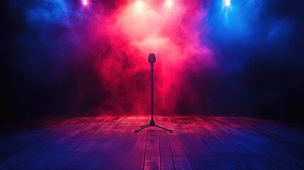 Microphone on stage with colorful lighting and smoke effects, ready for performance.