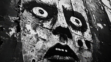 Mysterious black and white graffiti art depicting a haunting face.