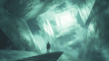 Mysterious figure in a surreal, foggy environment, exploring a geometric abstraction.