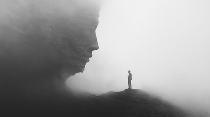 Mysterious figure standing before a giant stone face in foggy landscape.