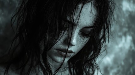 Pensive woman with wet hair, lost in thought against a dark background.