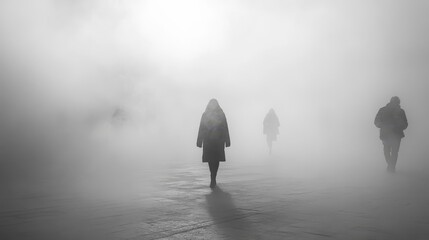 People walking through thick fog creating a mysterious atmosphere.