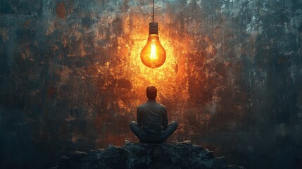 Person meditating in front of a glowing light bulb, deep in thought.
