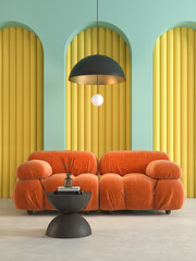 Memphis style conceptual dopamine interior room 3d illustration