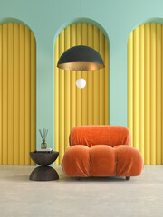 Memphis style conceptual dopamine interior room 3d illustration