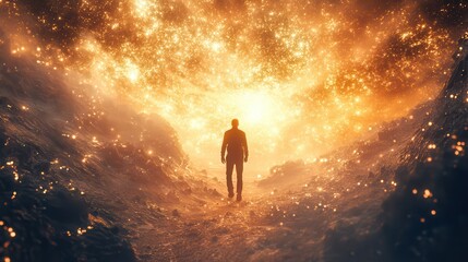 Person standing in awe before an explosion of light and color in a mystical landscape.