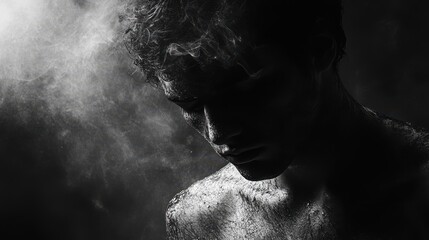 Portrait of a contemplative young man in dramatic black and white lighting.