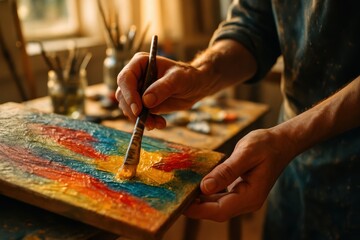 Artistic Soul Close-Up of a Painter's Hands Masterfully Applying Vibrant Oil Paints to a Textured Canvas in a Sunlit Studio