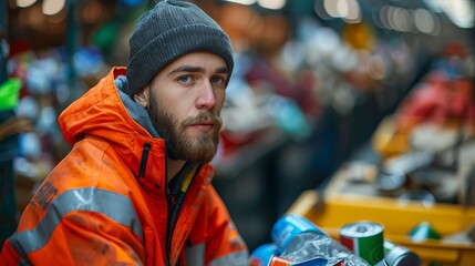 A thoughtful portrait of a young man in an orange jacket sitting in a busy environment, capturing his expressions of contemplation and awareness amidst the chaos around him.