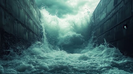 Powerful waves crashing between concrete walls, dramatic ocean scene.