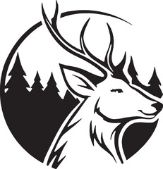 Bold deer head silhouette inside a circular forest scene. Featuring pine trees and sharp antlers, this monochrome wildlife design is ideal for outdoor brands, t-shirt prints, decals, and logo use.