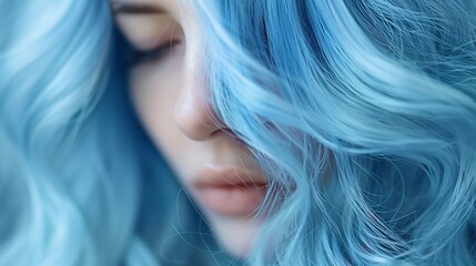 Close up of silky pastel blue straight hair capturing soft texture and dreamy aesthetic