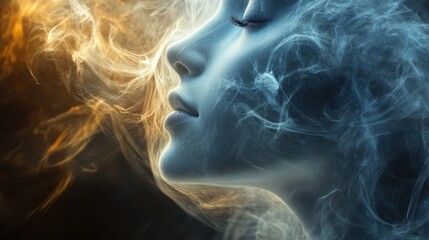 Profile of a woman merging with colorful smoke, ethereal and serene atmosphere.