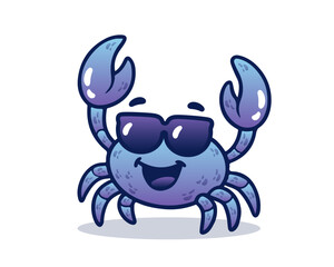 Cool cartoon crab with sunglasses, smiling and waving claws. Vector illustration on white background.