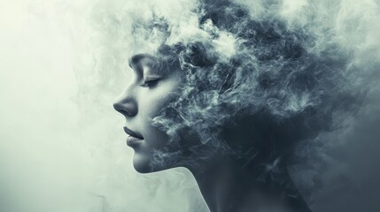Profile of a woman with a dreamy expression, surrounded by swirling mist.