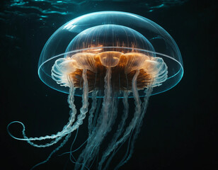 Translucent Cybernetic Jellyfish Floating in Dark Ocean