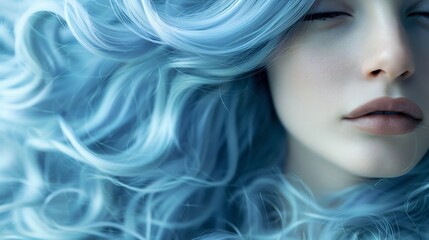 Close up of silky pastel blue wavy hair highlighting delicate flowing texture and soft pastel gradient