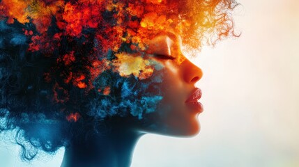 Profile of a woman with colorful floral hairstyle on a soft background