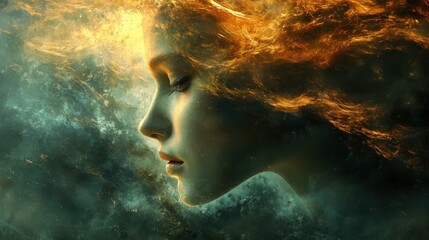 Profile of a woman with fiery hair in a surreal, dreamy atmosphere.