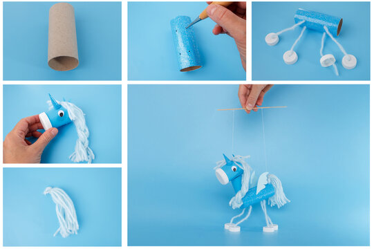 Blue handmade unicorn puppet made from recycled materials held by hand on white background perfect for DIY craft tutorials kids activities educational blogs and toy ideas,