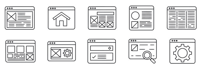 Minimalistic icons depicting webpage templates, browser layouts, gear settings, and search windows. Represents the structural and visual aspects of designing websites. Concept: user interface design a